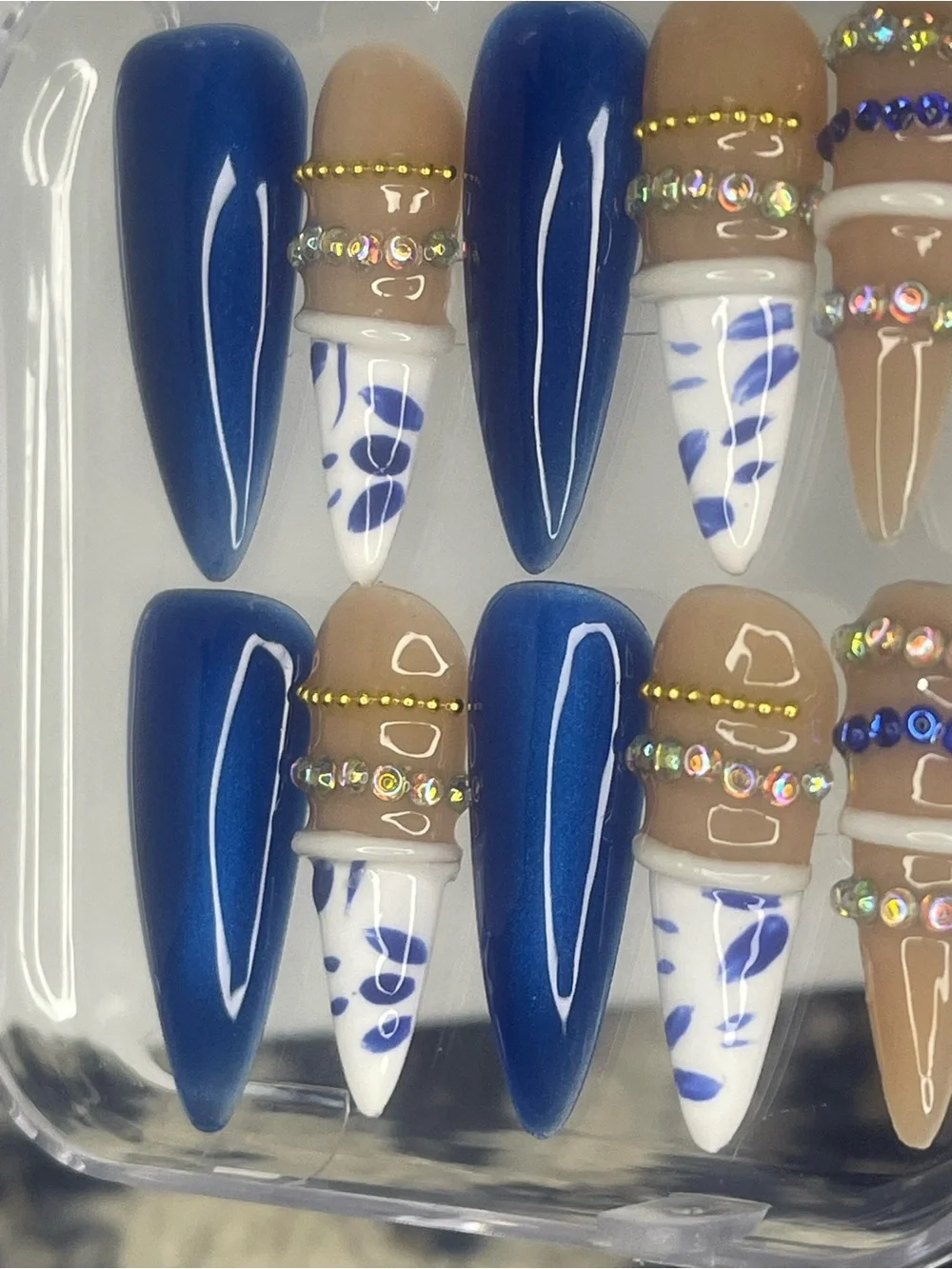 Blue & Nude Rhinestone Stiletto Handmade Press-On Nails